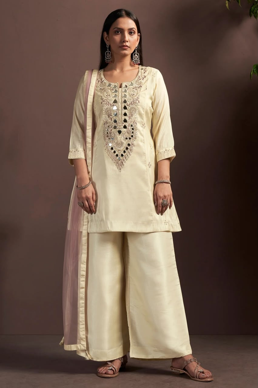Cream Embroidered Mirror Work Silk Blend Straight Kurta Set