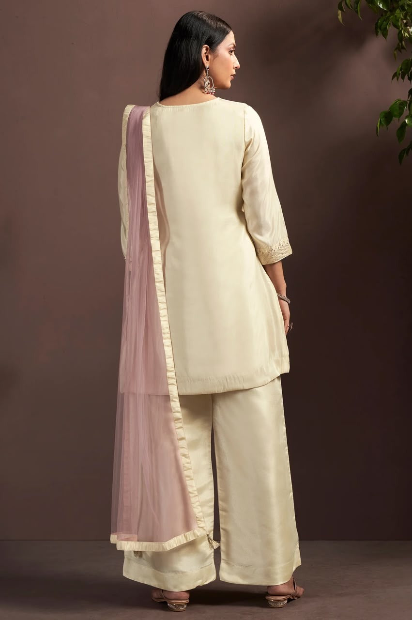 Cream Embroidered Mirror Work Silk Blend Straight Kurta Set