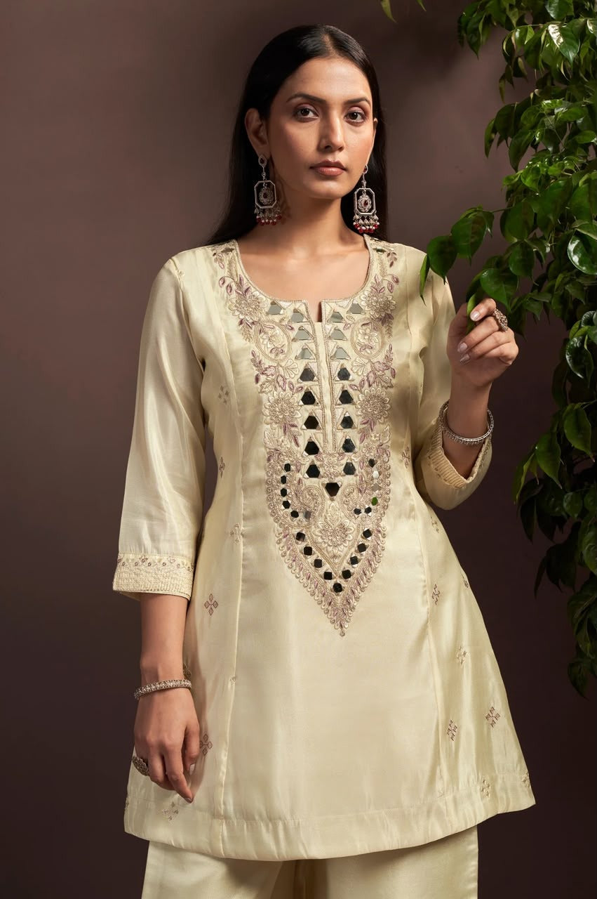 Cream Embroidered Mirror Work Silk Blend Straight Kurta Set