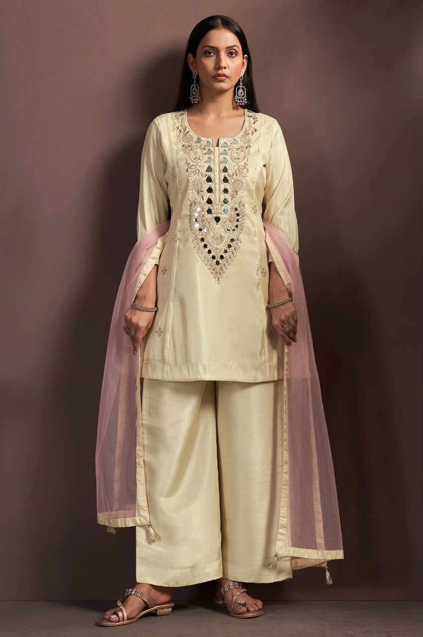 Cream Embroidered Mirror Work Silk Blend Straight Kurta Set