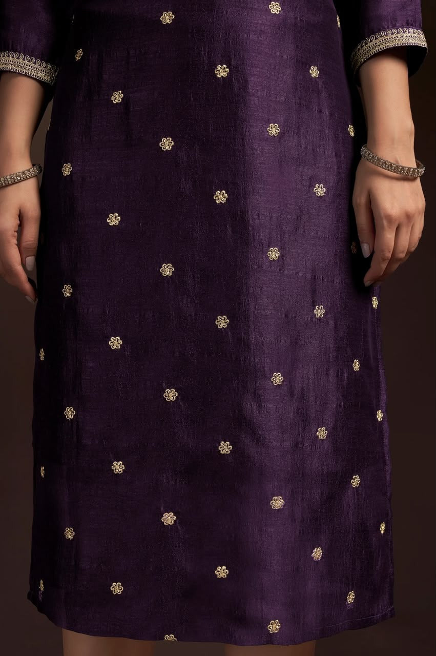 Wine Vichitra Silk Embroidered Straight Kurta Set