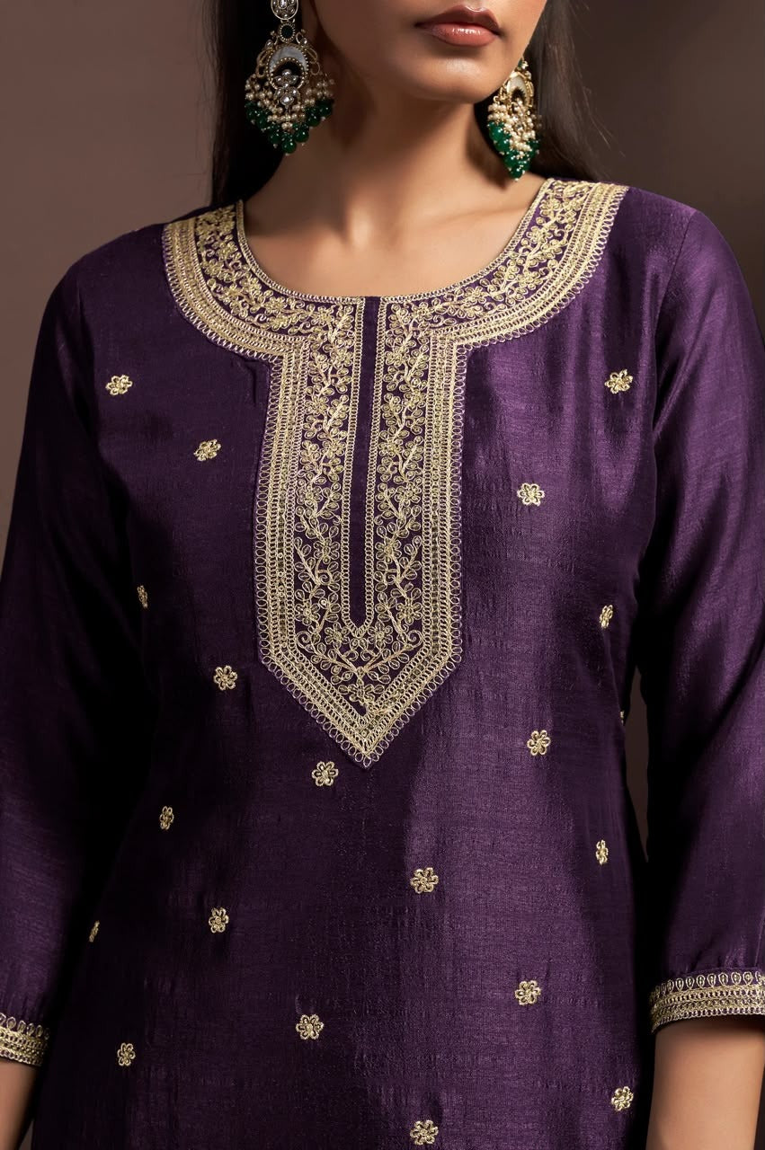 Wine Vichitra Silk Embroidered Straight Kurta Set