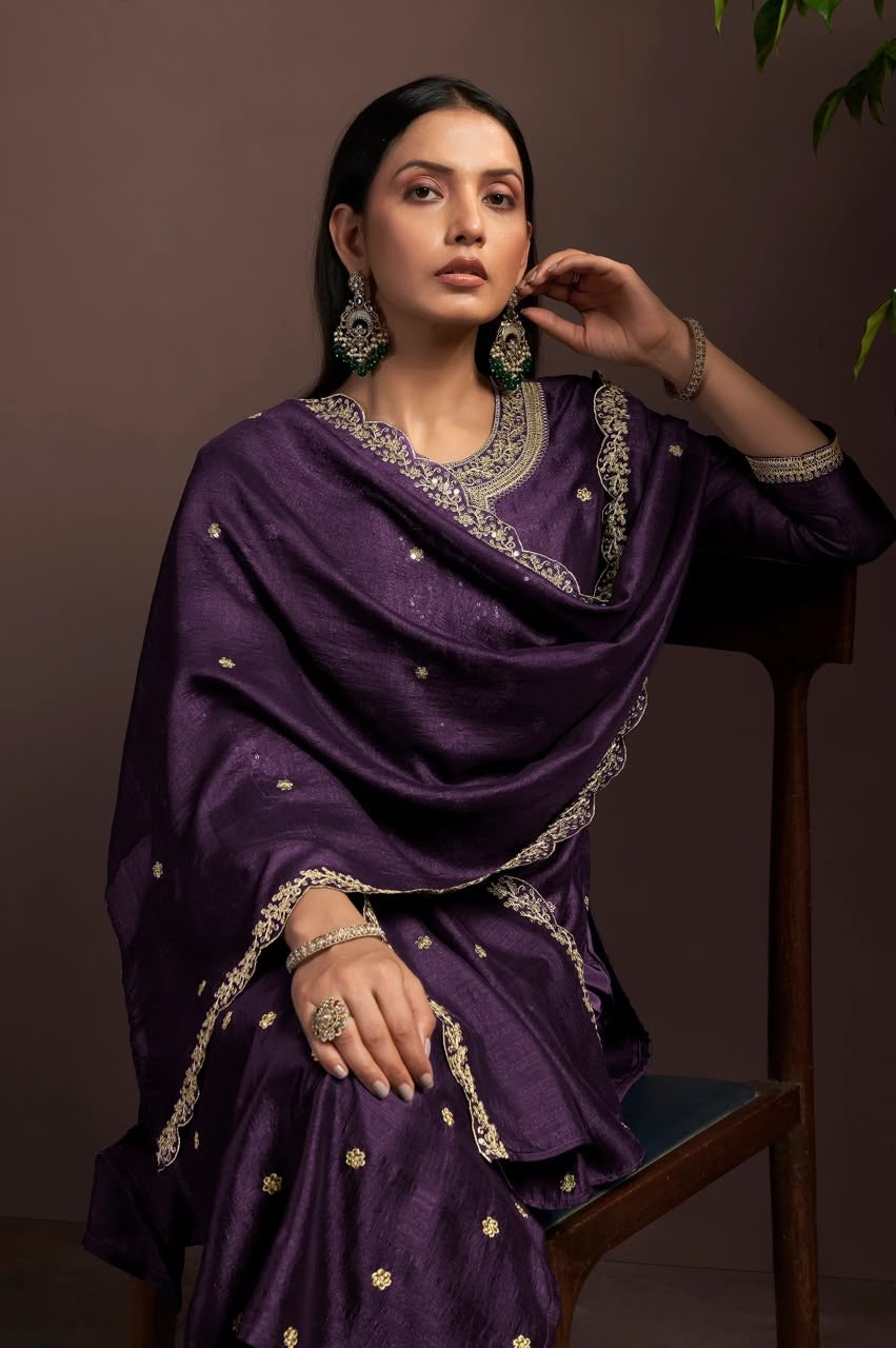 Wine Vichitra Silk Embroidered Straight Kurta Set