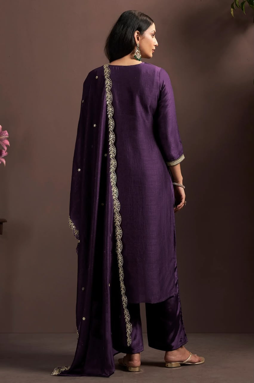 Wine Vichitra Silk Embroidered Straight Kurta Set