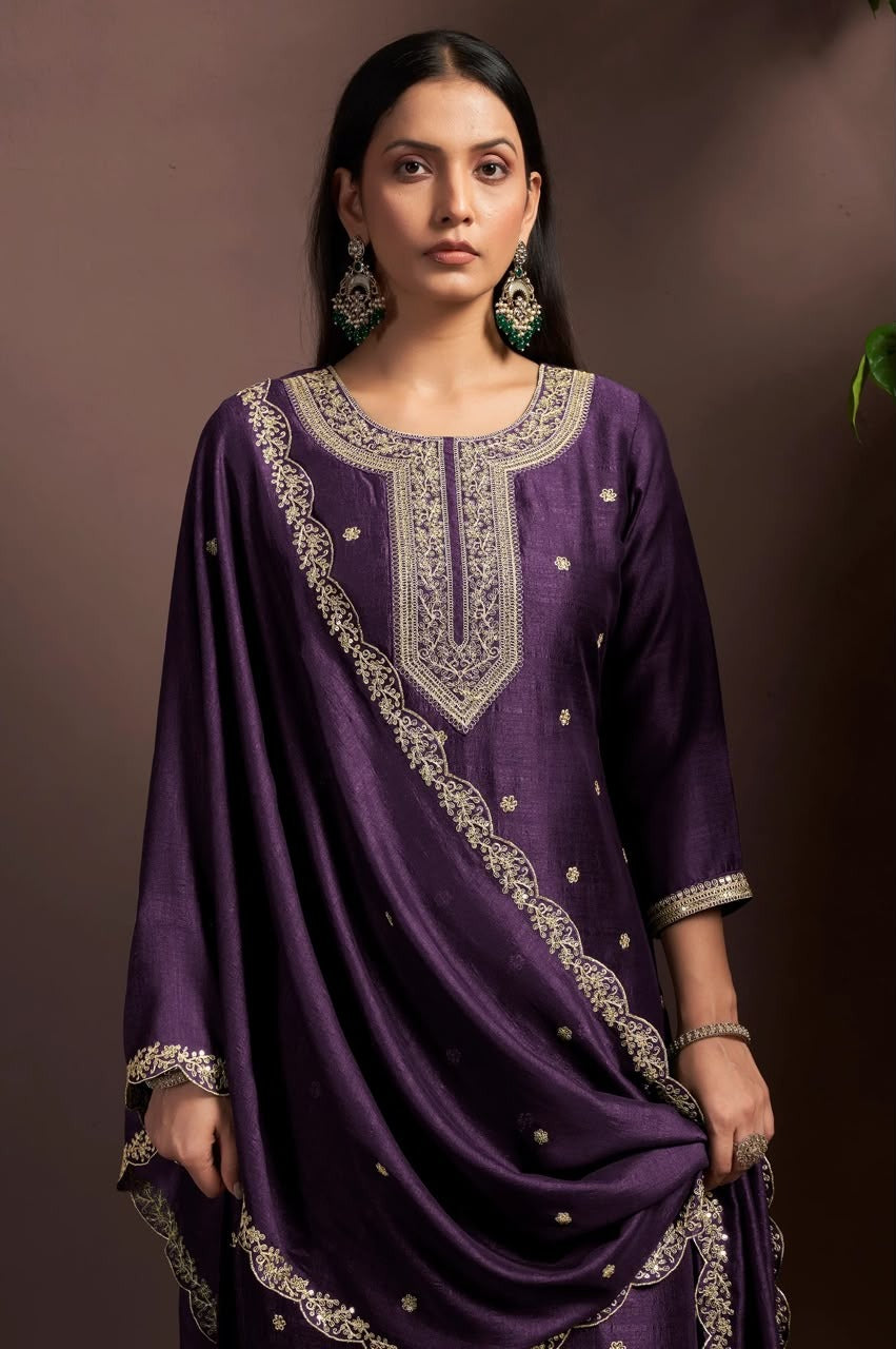 Wine Vichitra Silk Embroidered Straight Kurta Set