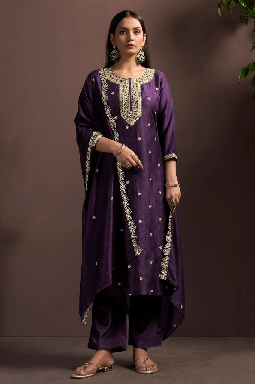 Wine Vichitra Silk Embroidered Straight Kurta Set