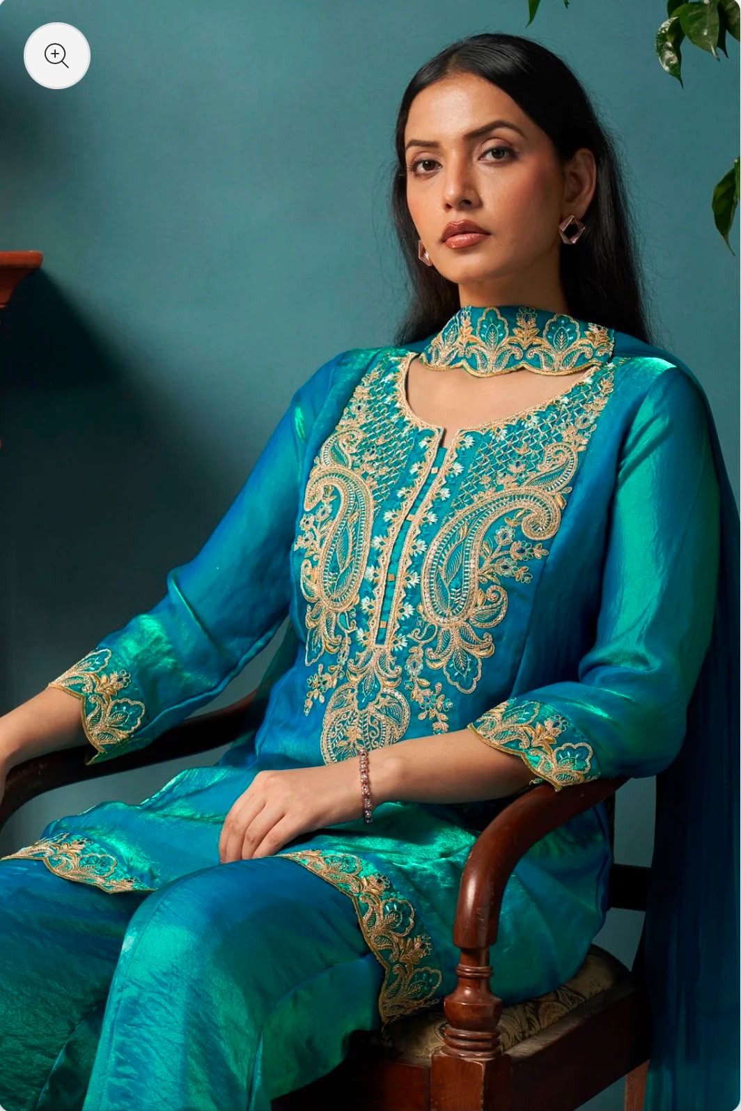 Teal Blue Silk Blend Embroidered Straight Kurta Set