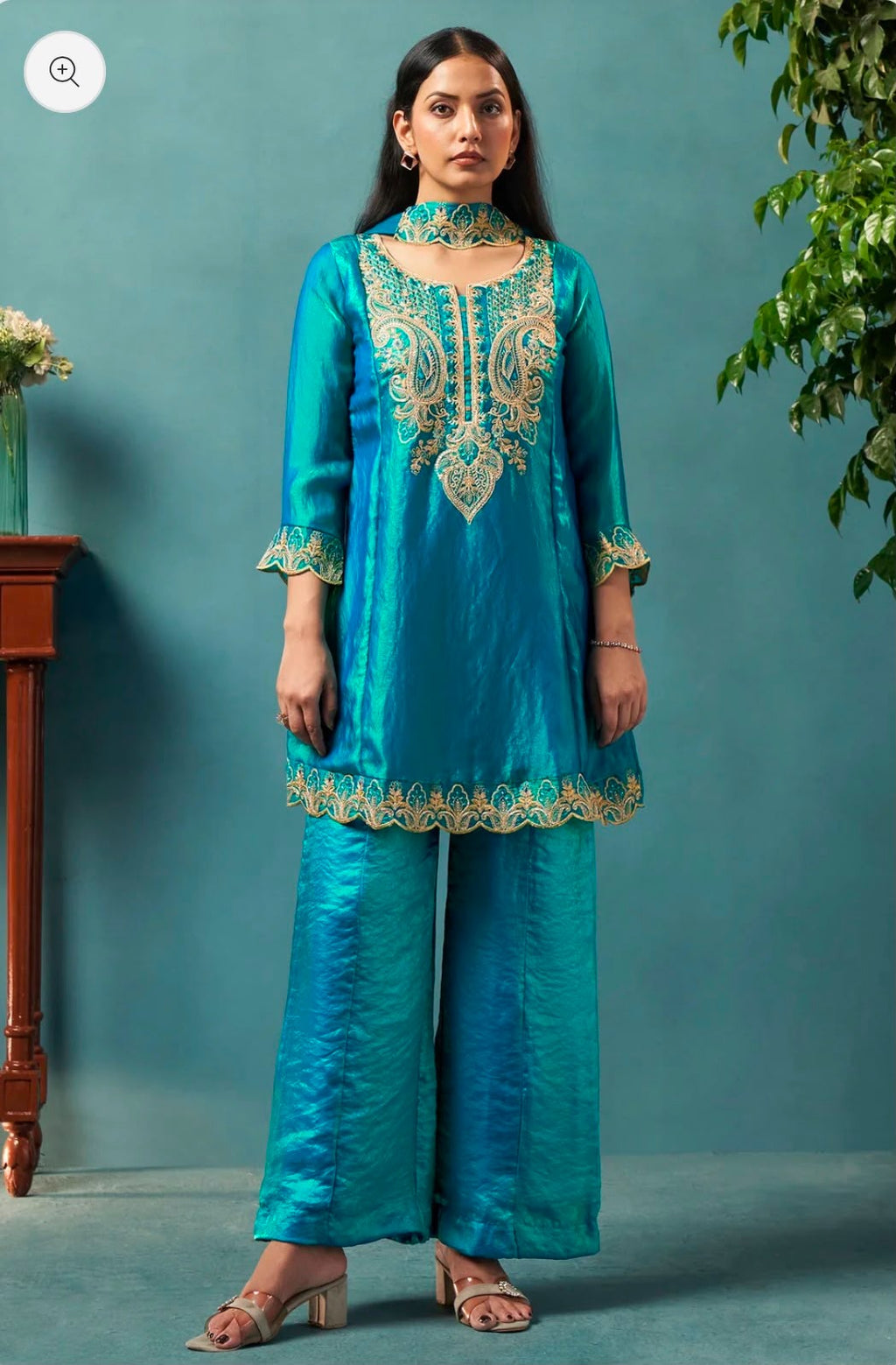 Teal Blue Silk Blend Embroidered Straight Kurta Set