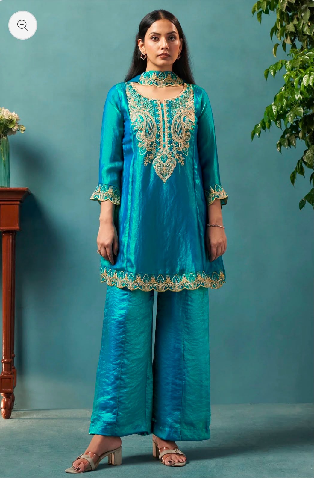 Teal Blue Silk Blend Embroidered Straight Kurta Set