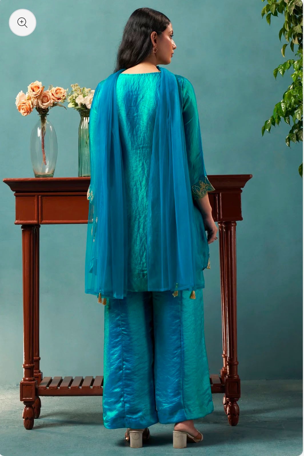 Teal Blue Silk Blend Embroidered Straight Kurta Set