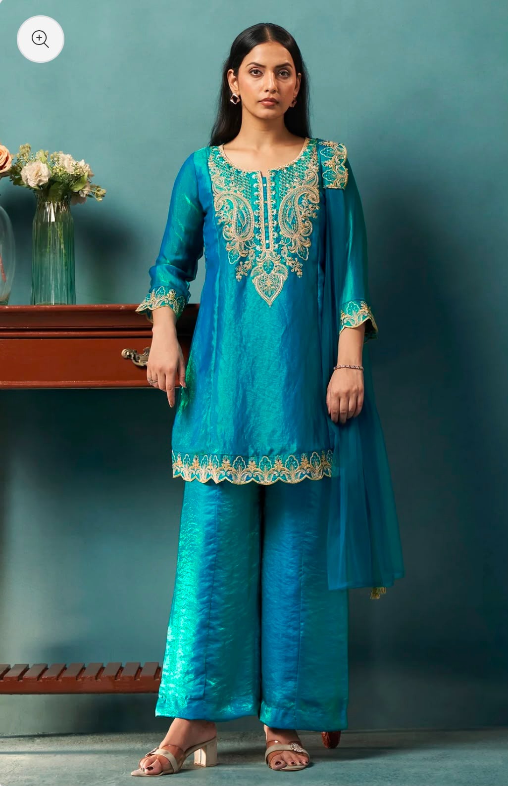 Teal Blue Silk Blend Embroidered Straight Kurta Set