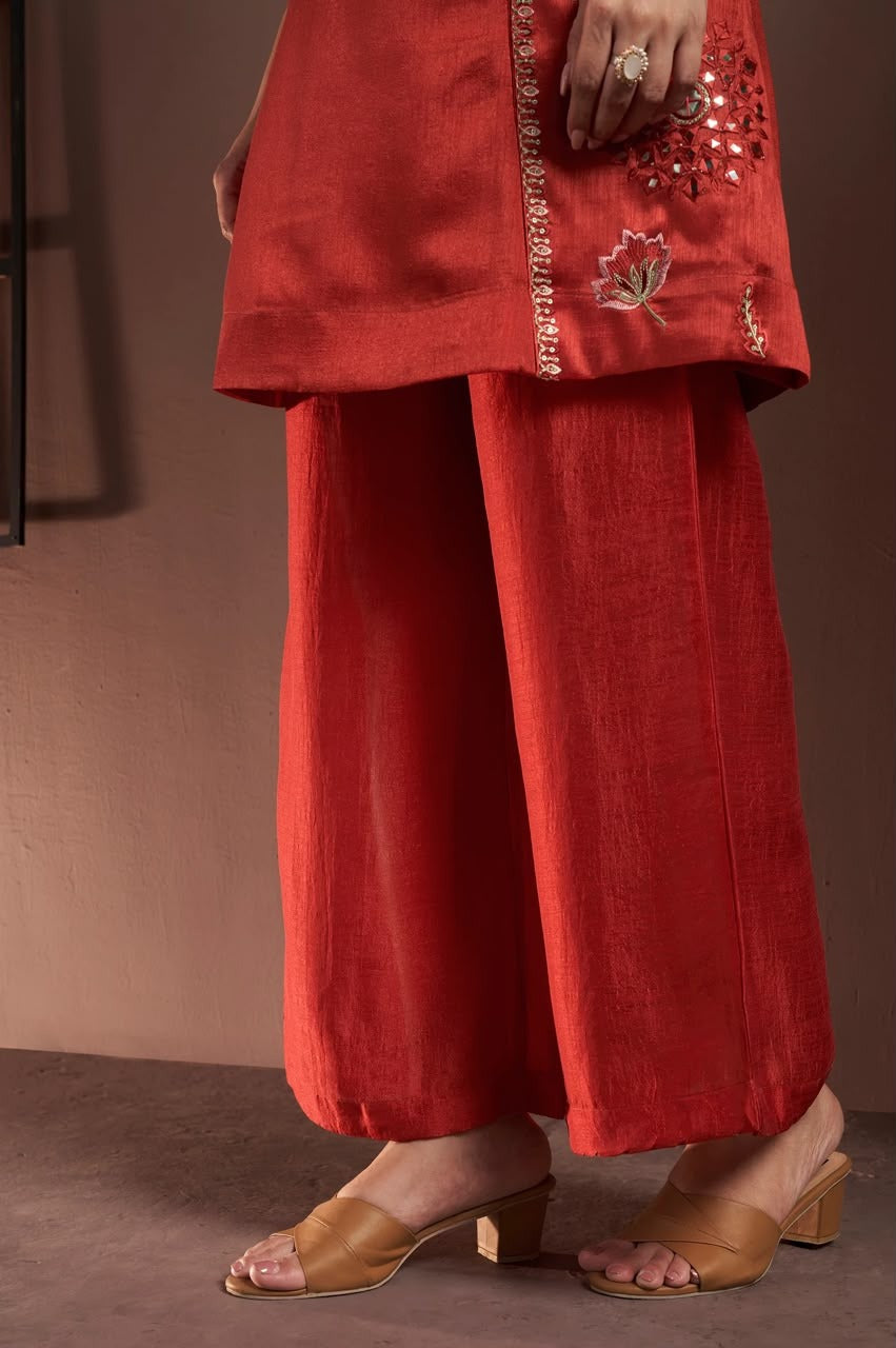 Rust Silk Blend Embroidered & Mirror Work Straight Kurta Set