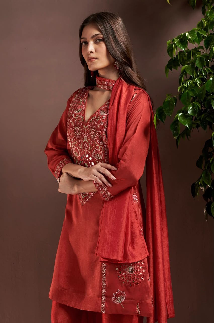 Rust Silk Blend Embroidered & Mirror Work Straight Kurta Set