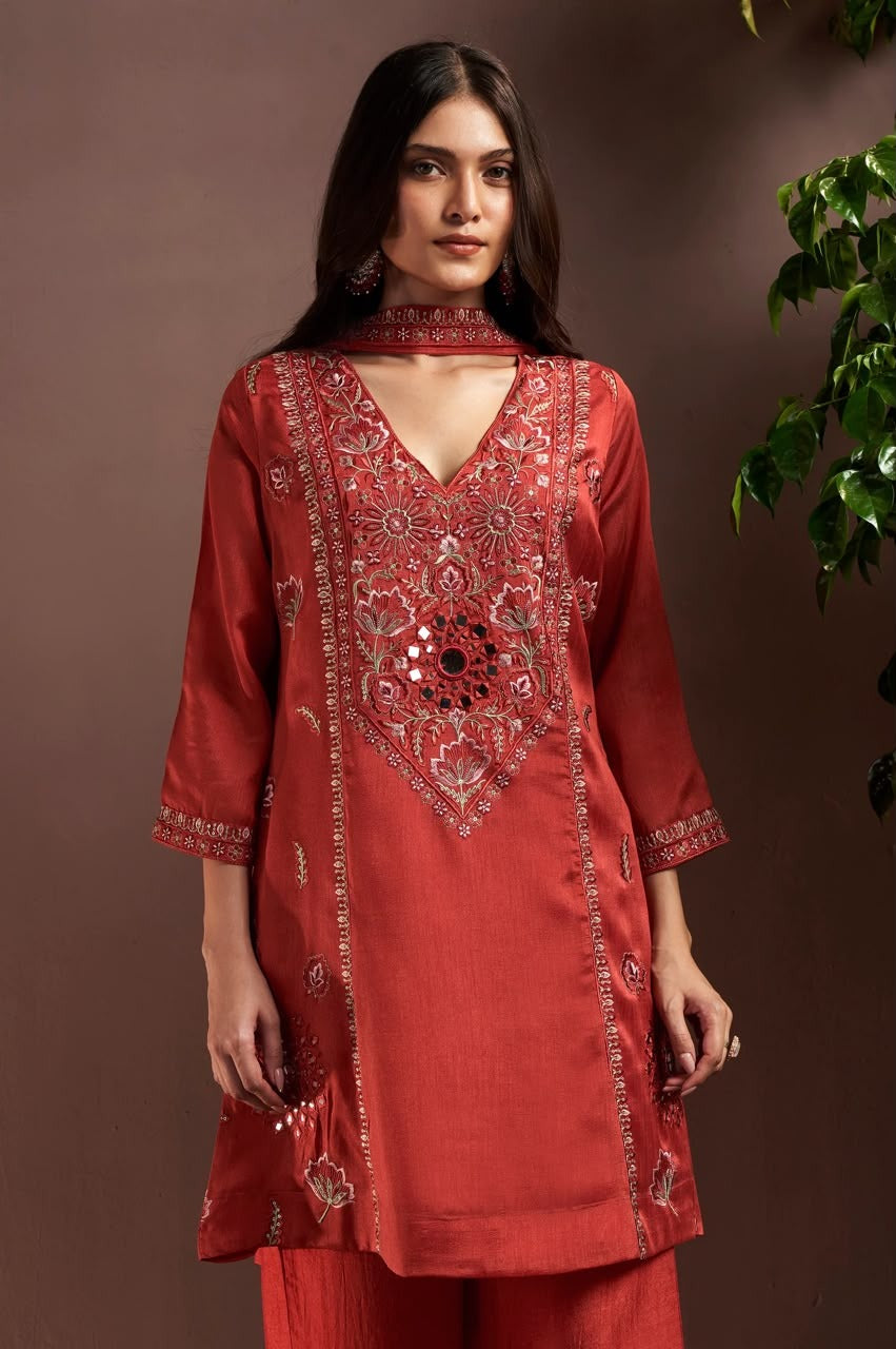 Rust Silk Blend Embroidered & Mirror Work Straight Kurta Set