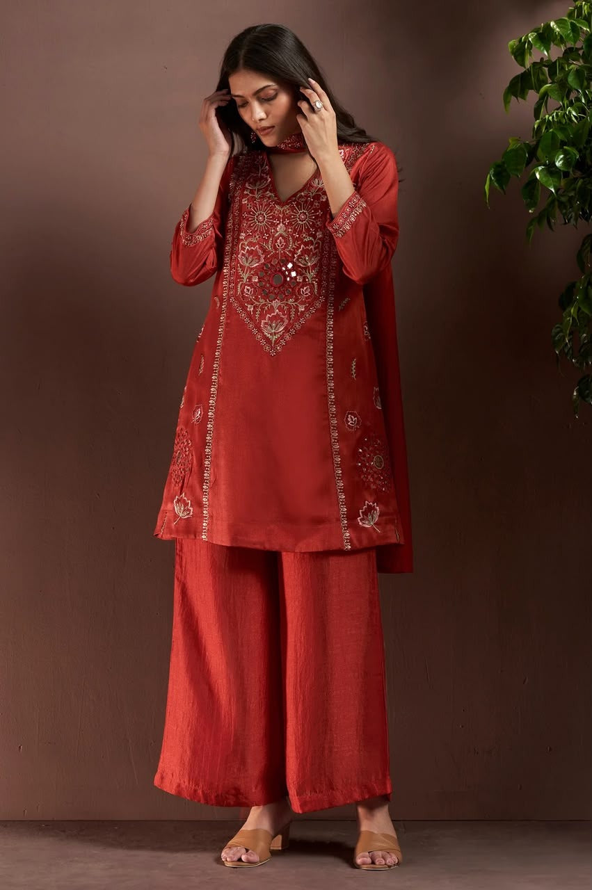 Rust Silk Blend Embroidered & Mirror Work Straight Kurta Set