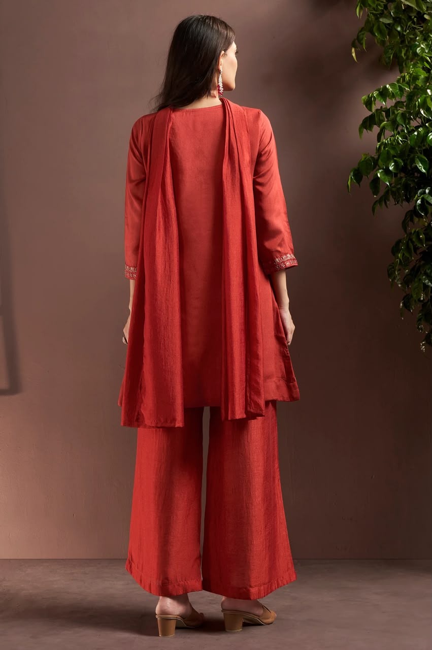 Rust Silk Blend Embroidered & Mirror Work Straight Kurta Set