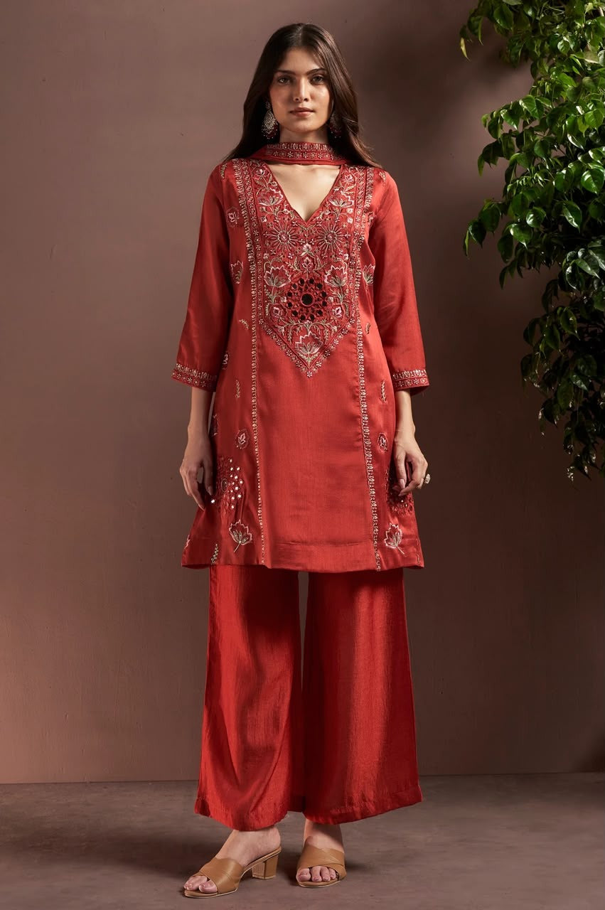 Rust Silk Blend Embroidered & Mirror Work Straight Kurta Set