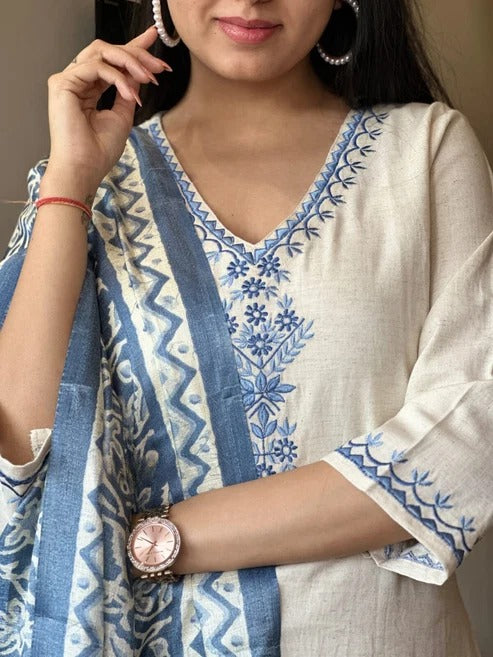 Off White Embroidered Cotton Flex Suit Set with Cotton Silk Dupatta