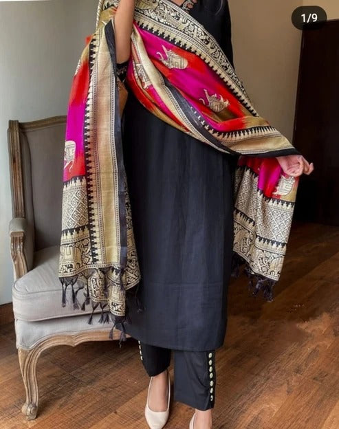 Black Embroidered Cotton Kurta and Pant Set with Khadi Dupatta