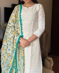 Chikankari Off White Kurta and Pant Set with Printed Chanderi Dupatta