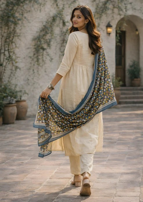 Off White Printed Cotton Kurta and Pant Set with Dupatta