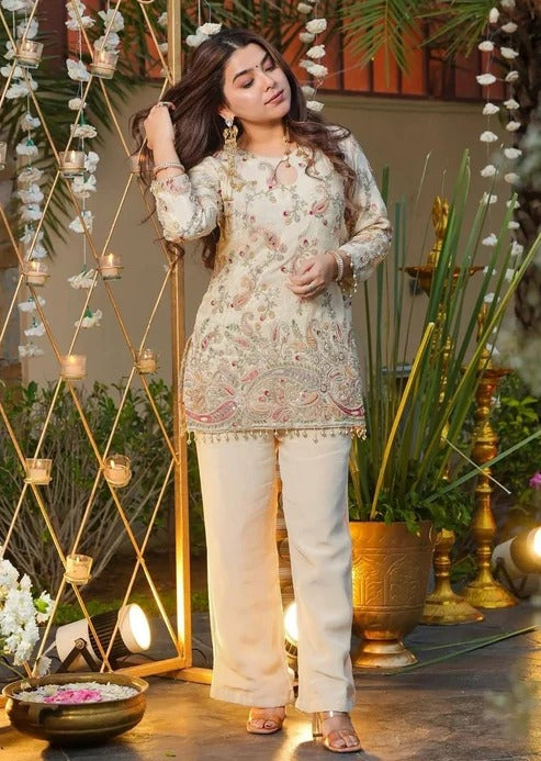Cream Ethnic Motifs Embroidered Regular Thread Work Silk Crepe Kurti