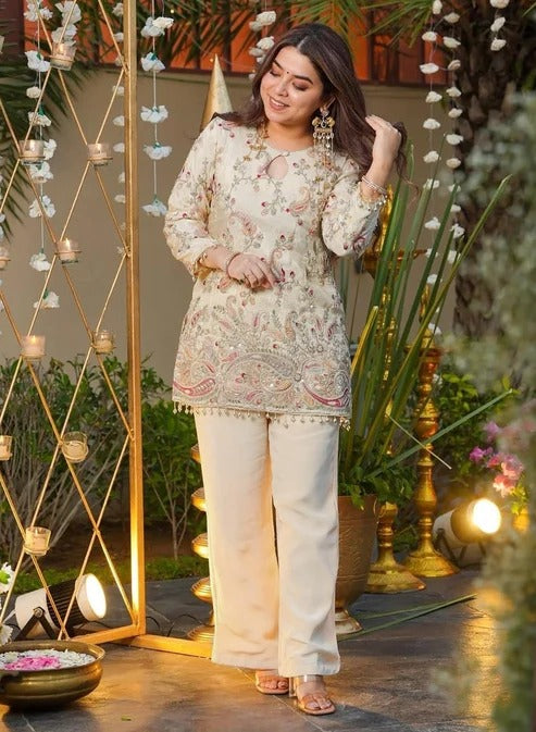 Cream Ethnic Motifs Embroidered Regular Thread Work Silk Crepe Kurti