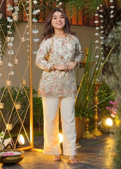 Cream Ethnic Motifs Embroidered Regular Thread Work Silk Crepe Kurti