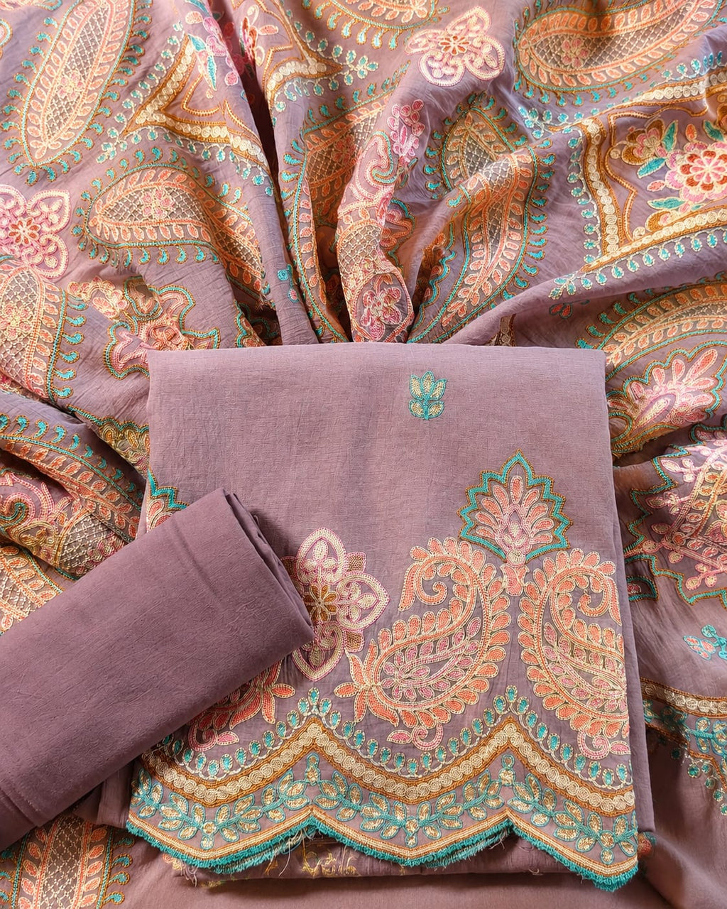 Elegant Mal Chanderi Suit with Exquisite Parsi Embroidery