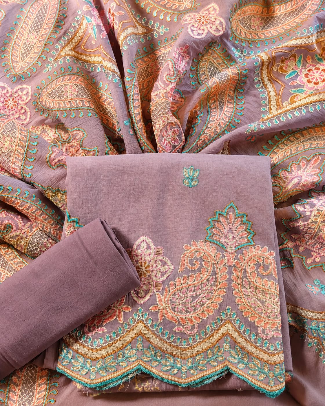 Elegant Mal Chanderi Suit with Exquisite Parsi Embroidery