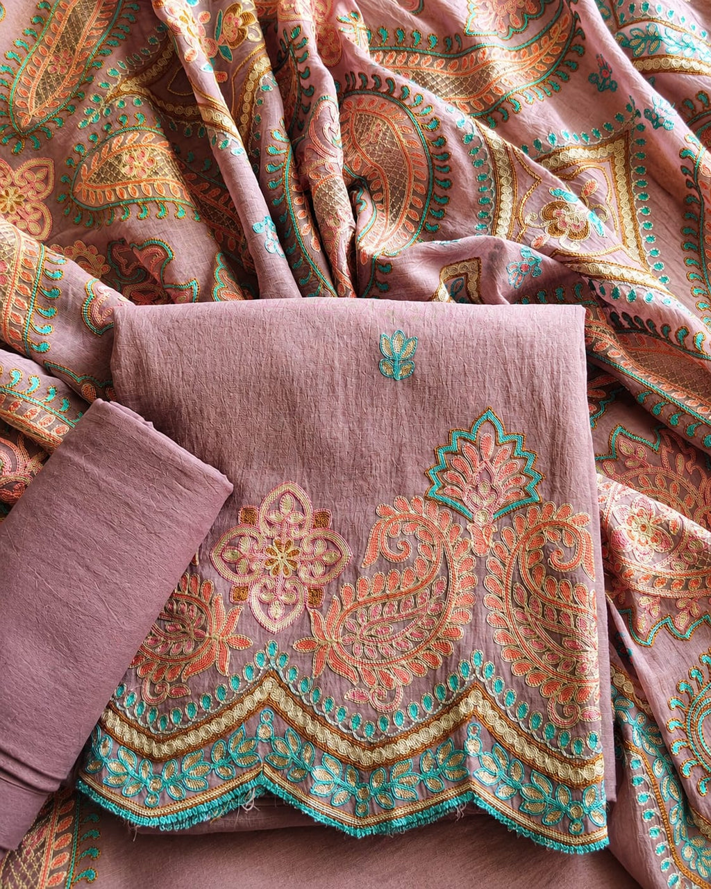 Elegant Mal Chanderi Suit with Exquisite Parsi Embroidery