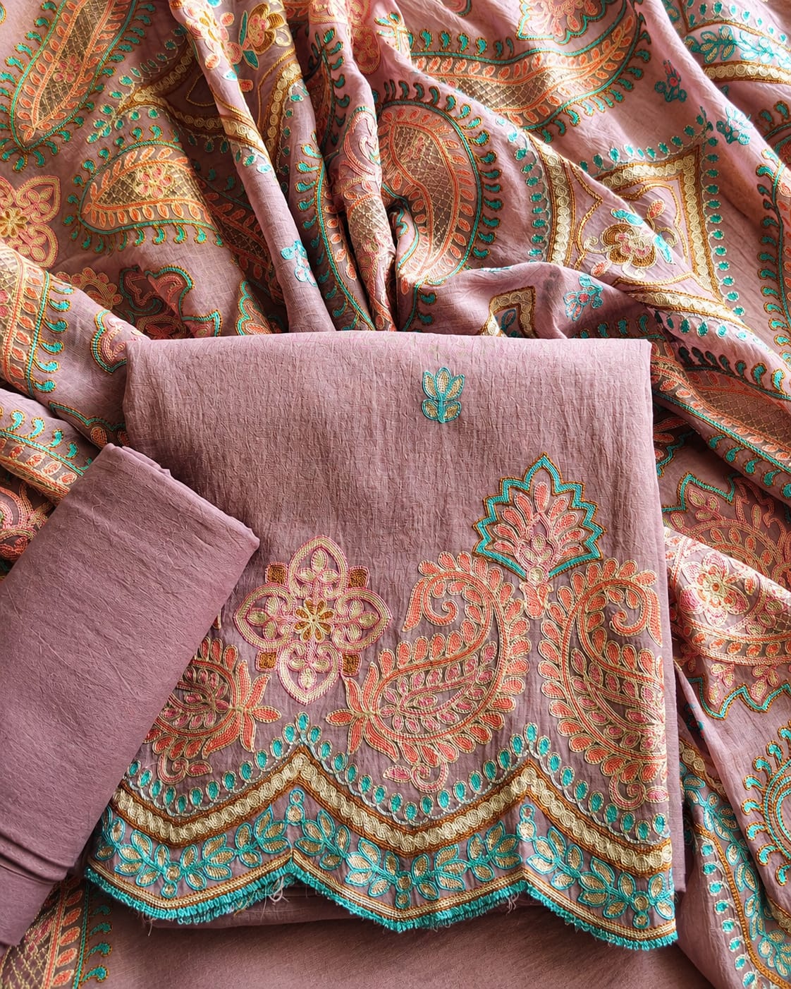 Elegant Mal Chanderi Suit with Exquisite Parsi Embroidery
