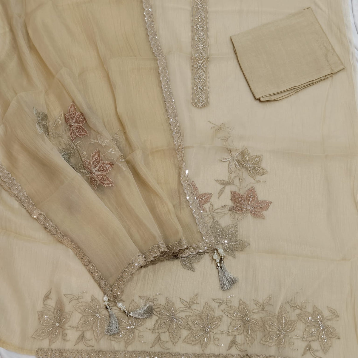 Elegant Crush Tissue Suit with Appliqué Embroidery & Stone Work