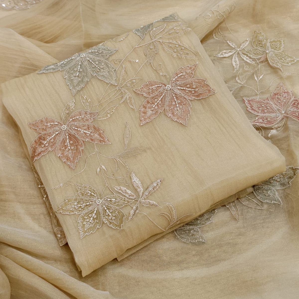 Elegant Crush Tissue Suit with Appliqué Embroidery & Stone Work