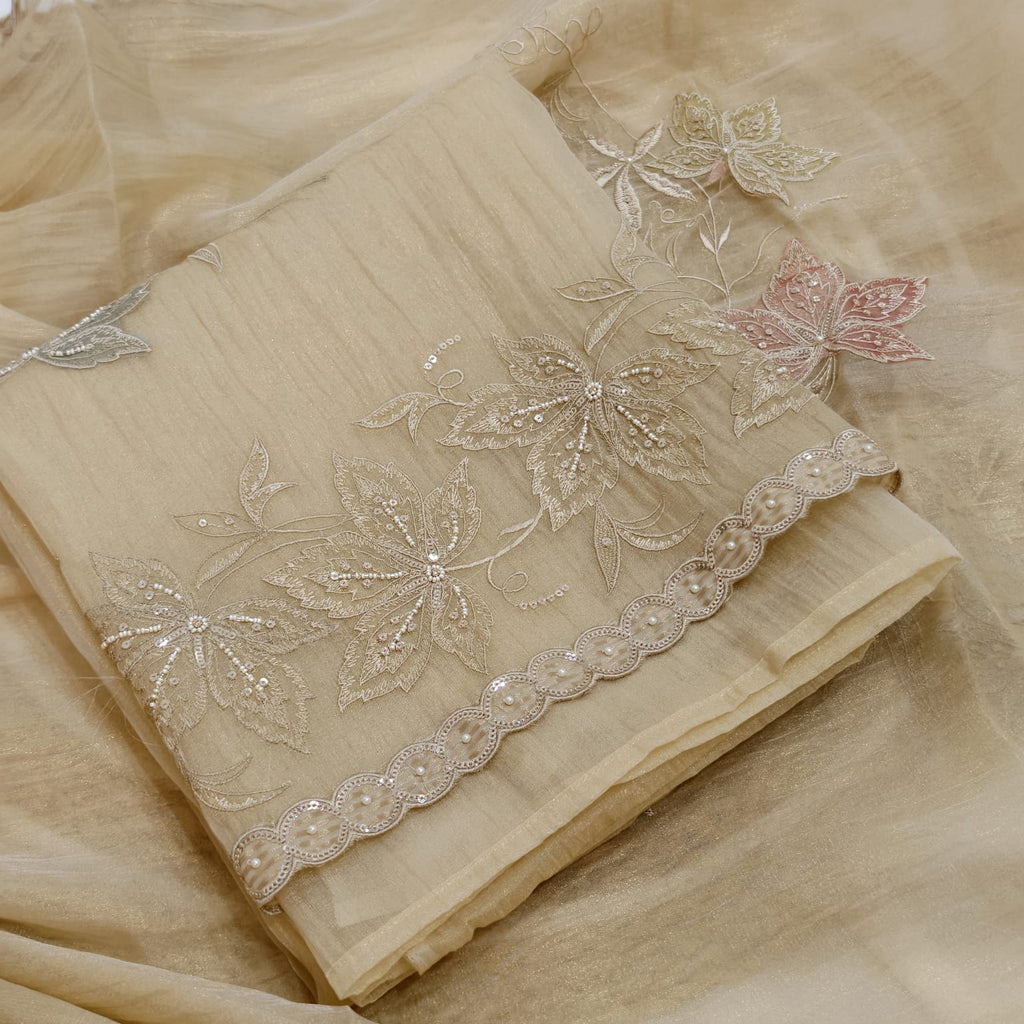 Elegant Crush Tissue Suit with Appliqué Embroidery & Stone Work