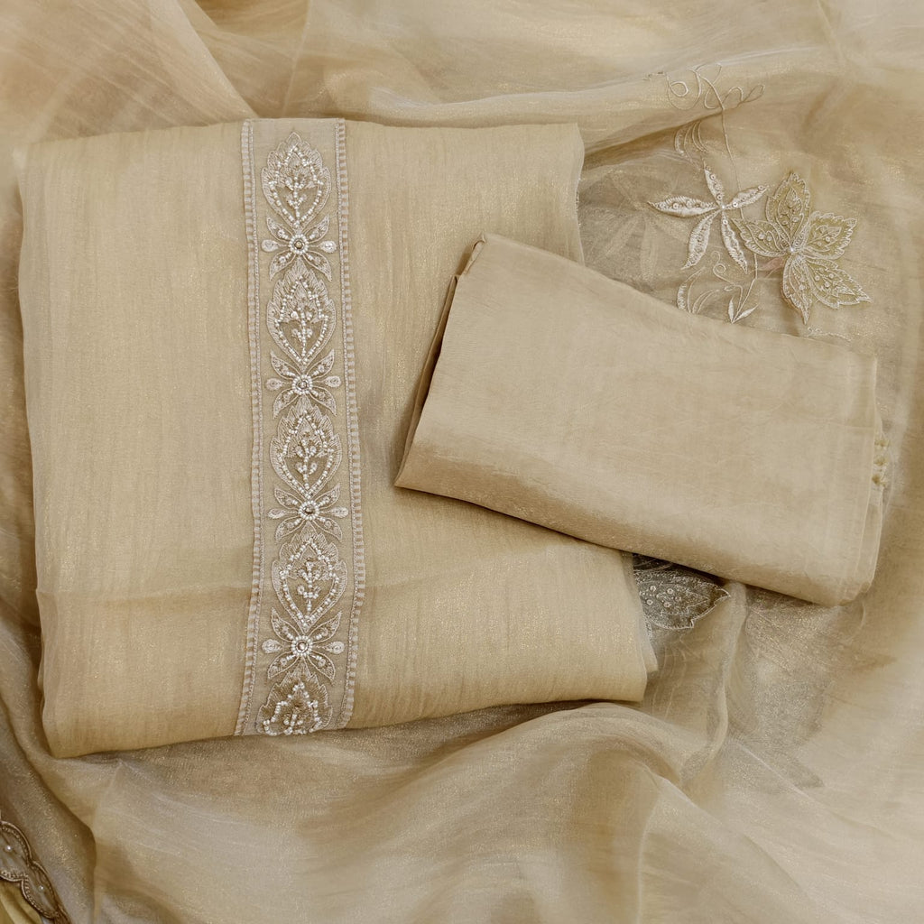 Elegant Crush Tissue Suit with Appliqué Embroidery & Stone Work