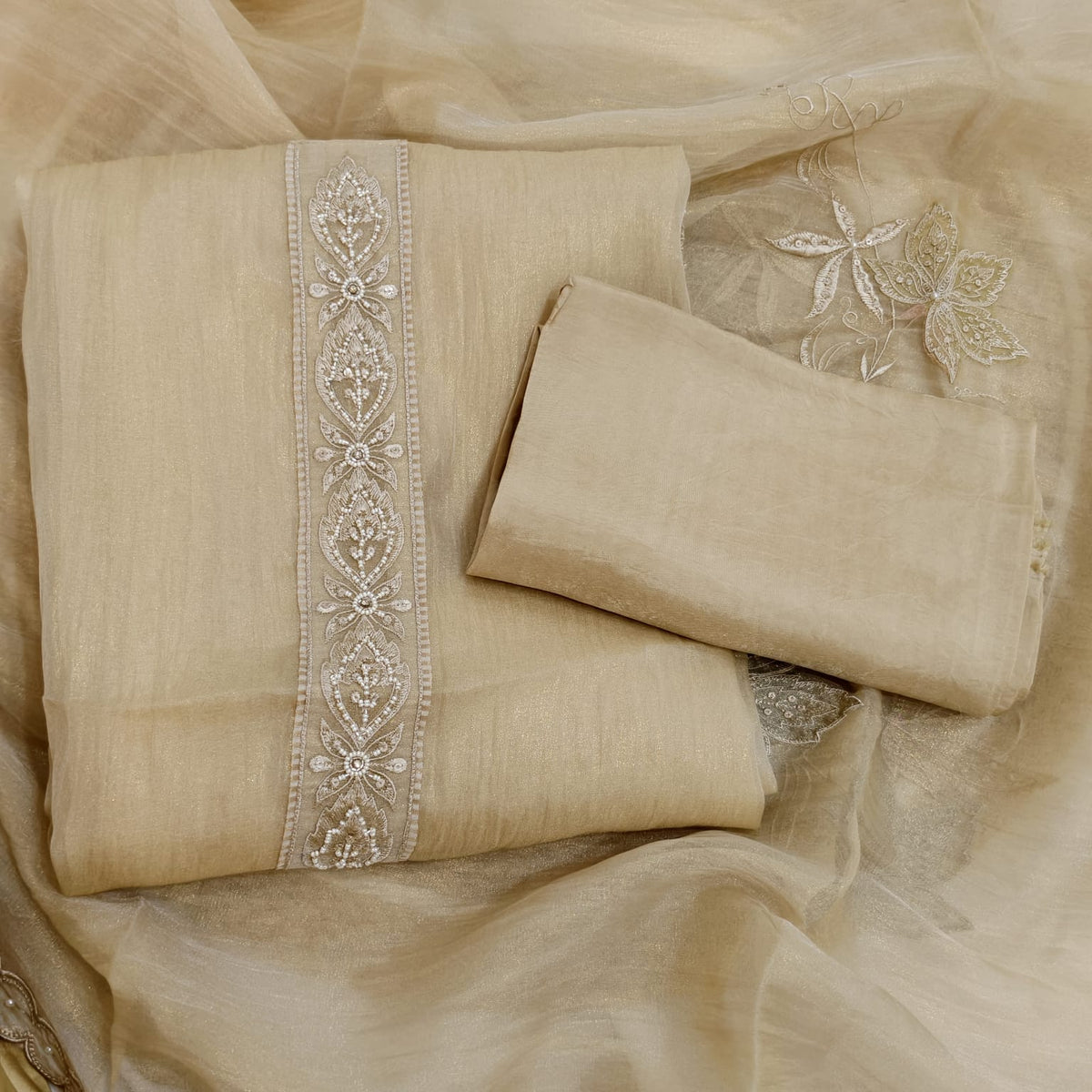 Elegant Crush Tissue Suit with Appliqué Embroidery & Stone Work