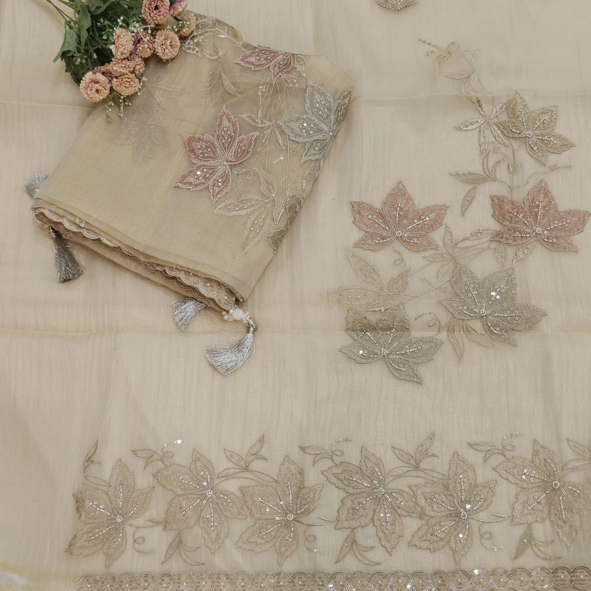 Elegant Crush Tissue Suit with Appliqué Embroidery & Stone Work