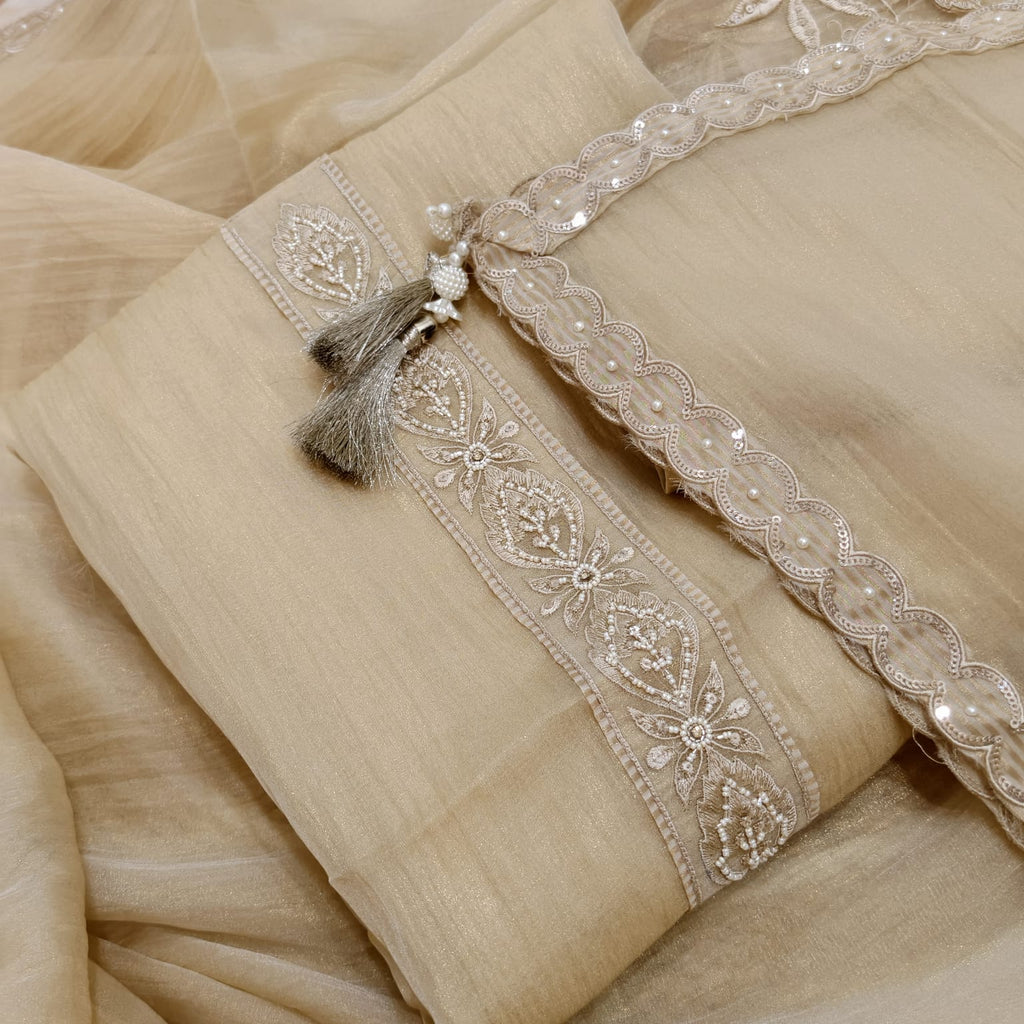 Elegant Crush Tissue Suit with Appliqué Embroidery & Stone Work