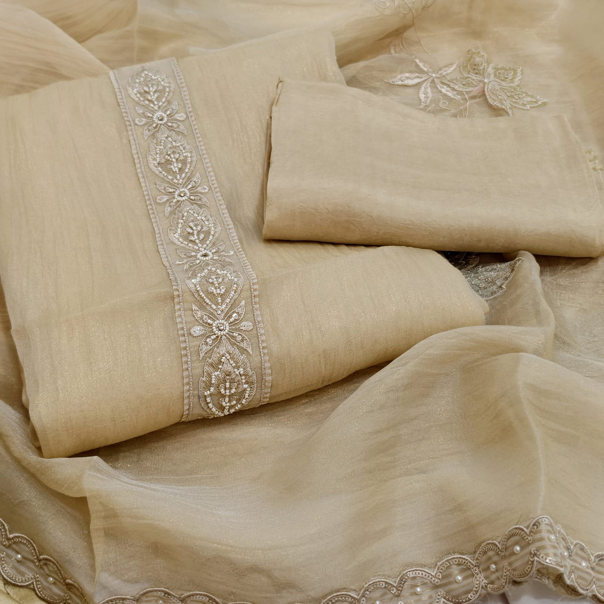 Elegant Crush Tissue Suit with Appliqué Embroidery & Stone Work