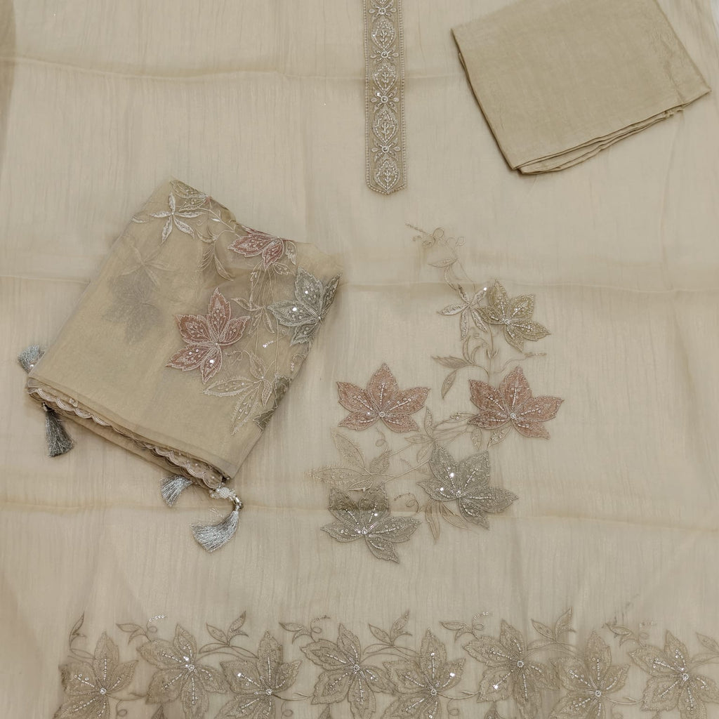 Elegant Crush Tissue Suit with Appliqué Embroidery & Stone Work