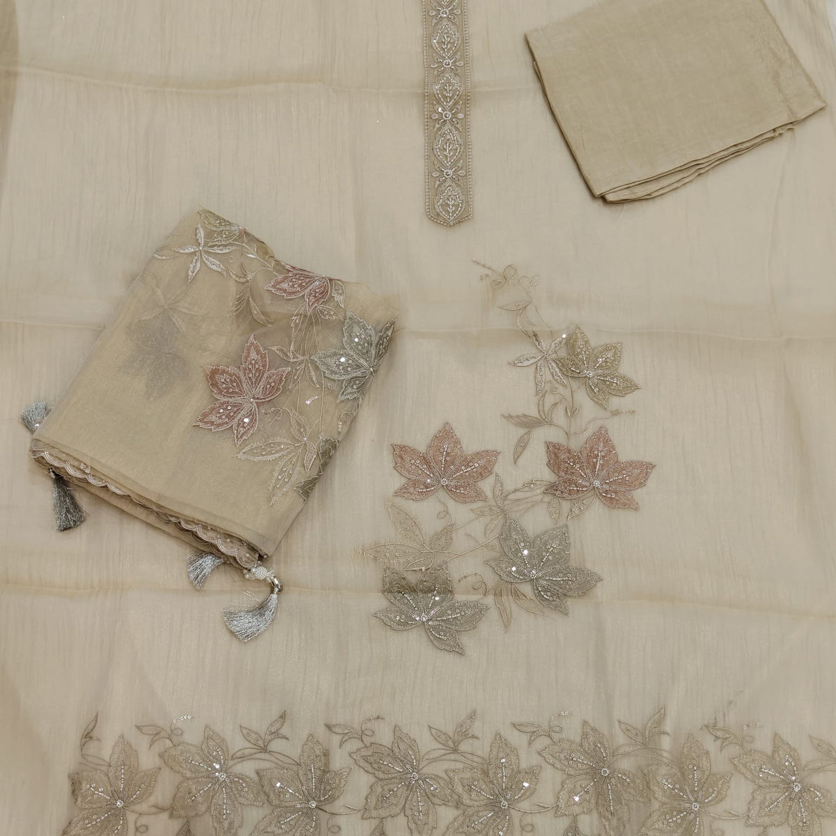 Elegant Crush Tissue Suit with Appliqué Embroidery & Stone Work