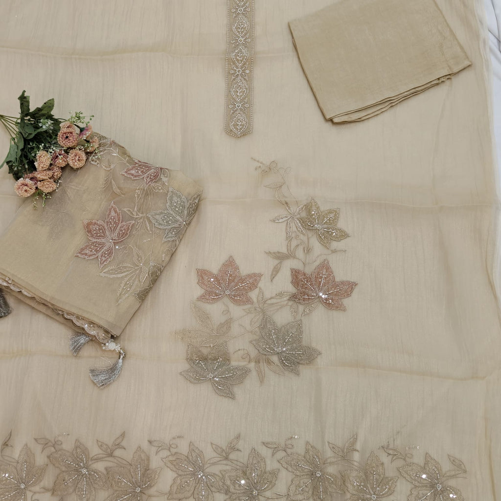 Elegant Crush Tissue Suit with Appliqué Embroidery & Stone Work