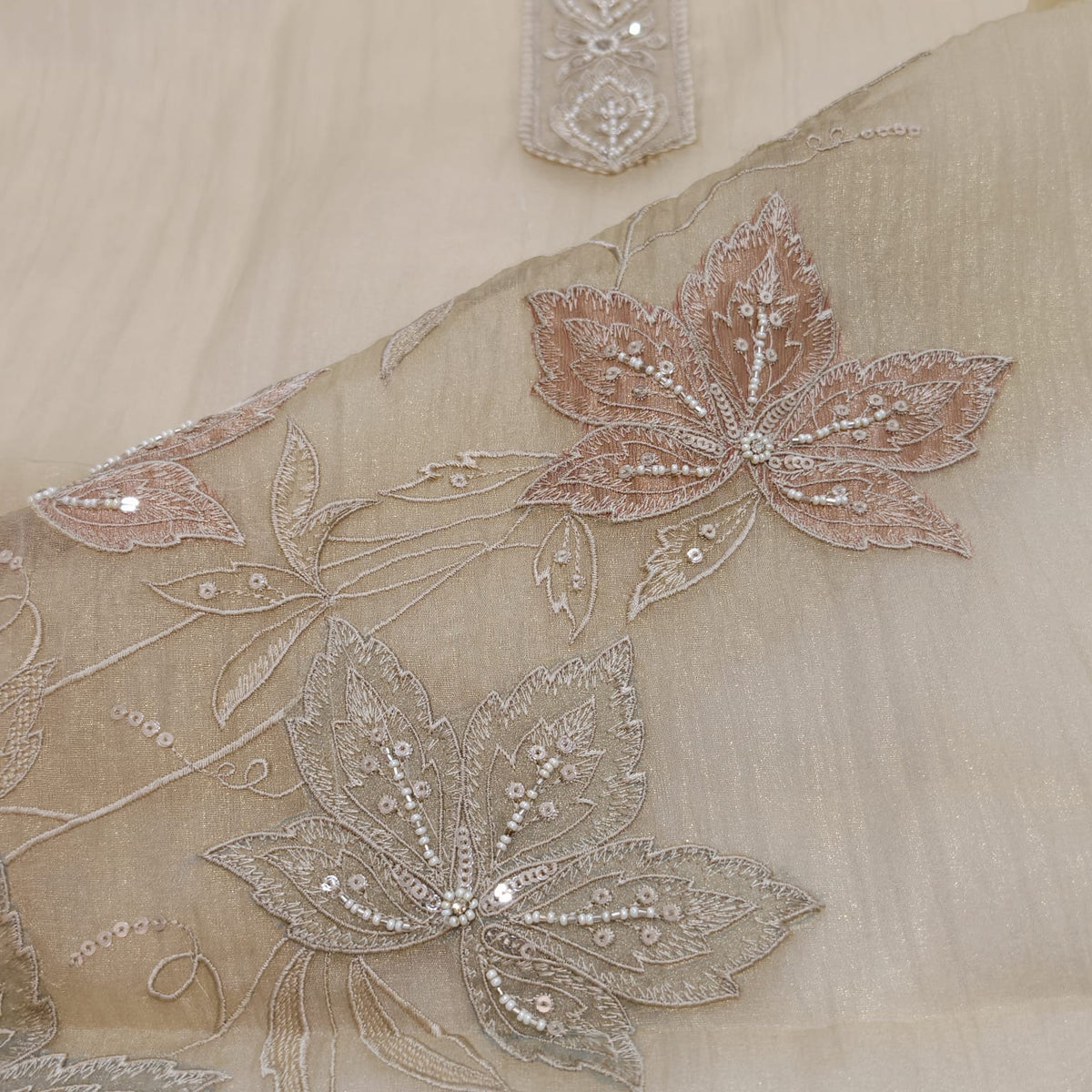 Elegant Crush Tissue Suit with Appliqué Embroidery & Stone Work