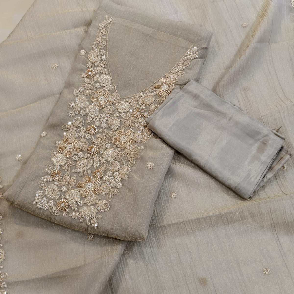 Elegant Crush Tissue Suit with Appliqué Embroidery & Stone Work