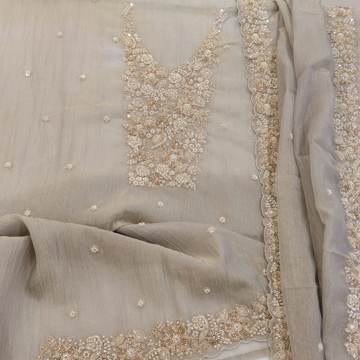 Elegant Crush Tissue Suit with Appliqué Embroidery & Stone Work