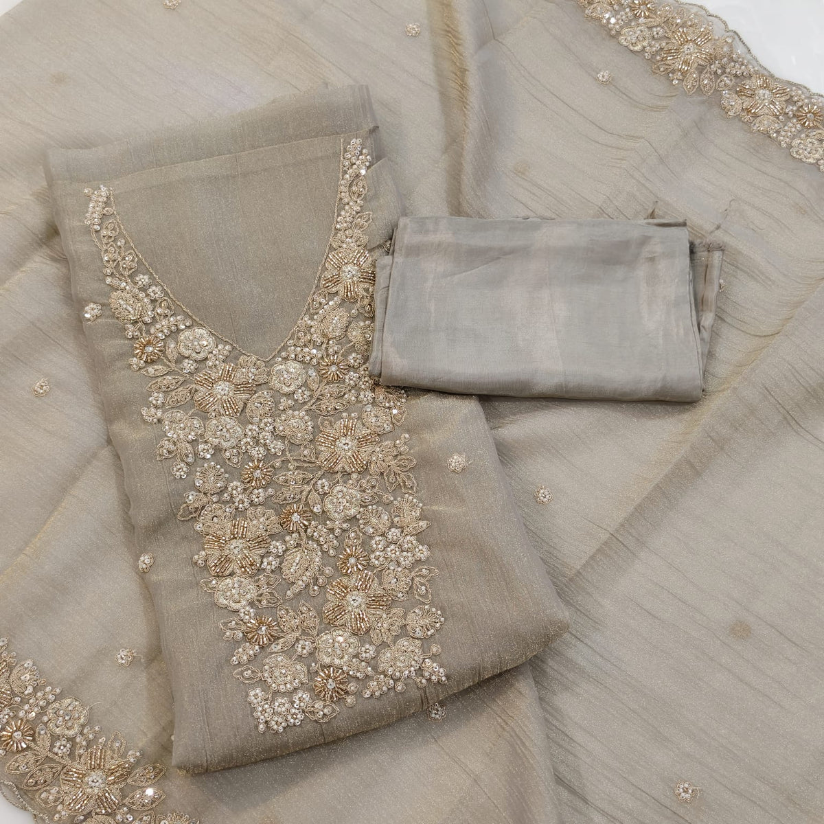 Elegant Crush Tissue Suit with Appliqué Embroidery & Stone Work