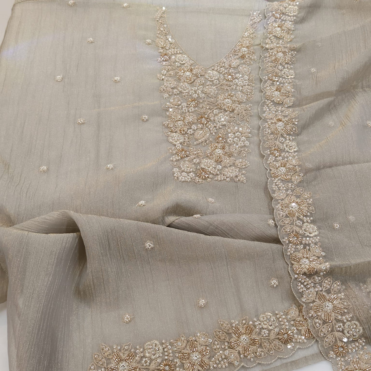 Elegant Crush Tissue Suit with Appliqué Embroidery & Stone Work
