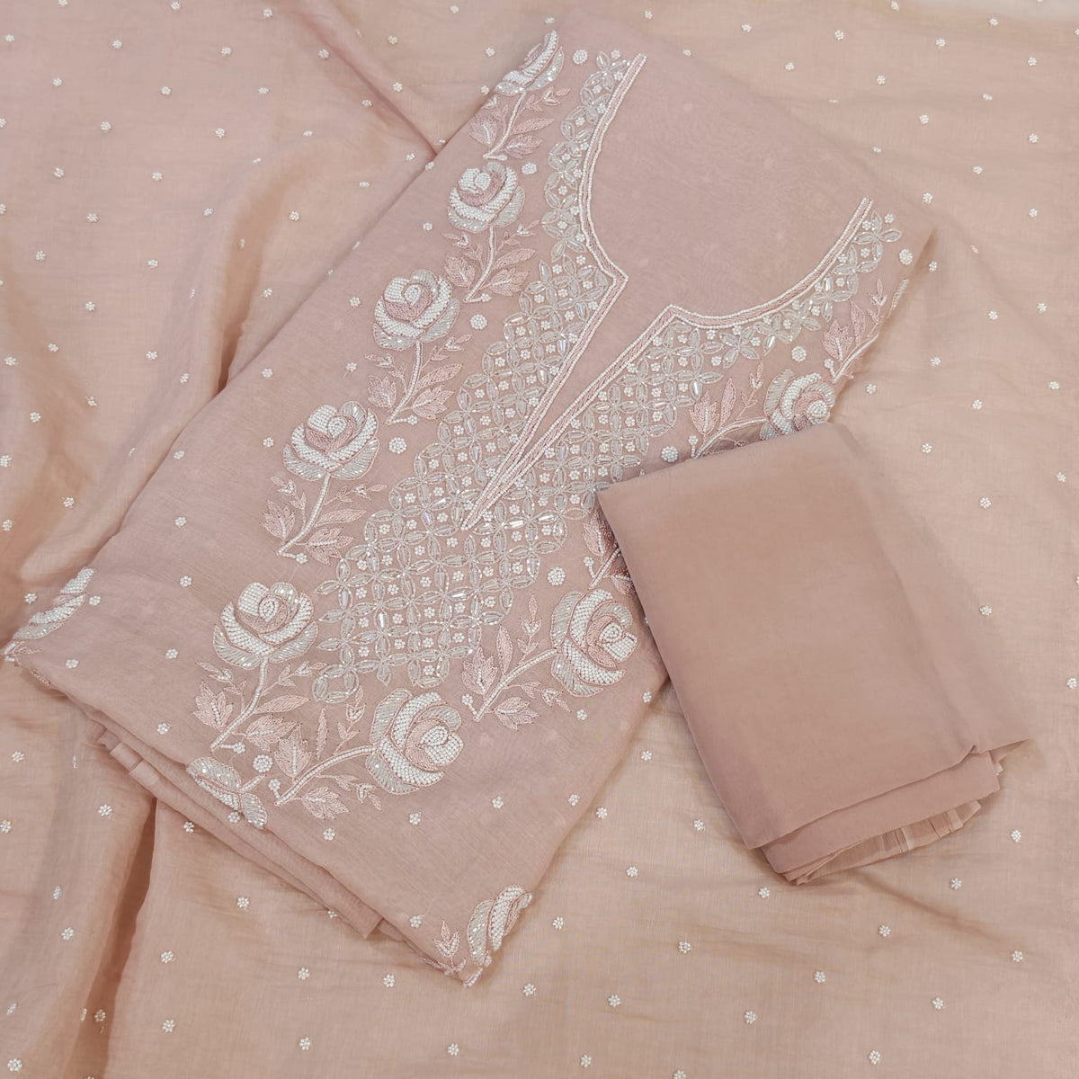 Elegant Mal Chanderi Suit with Exquisite Parsi Embroidery