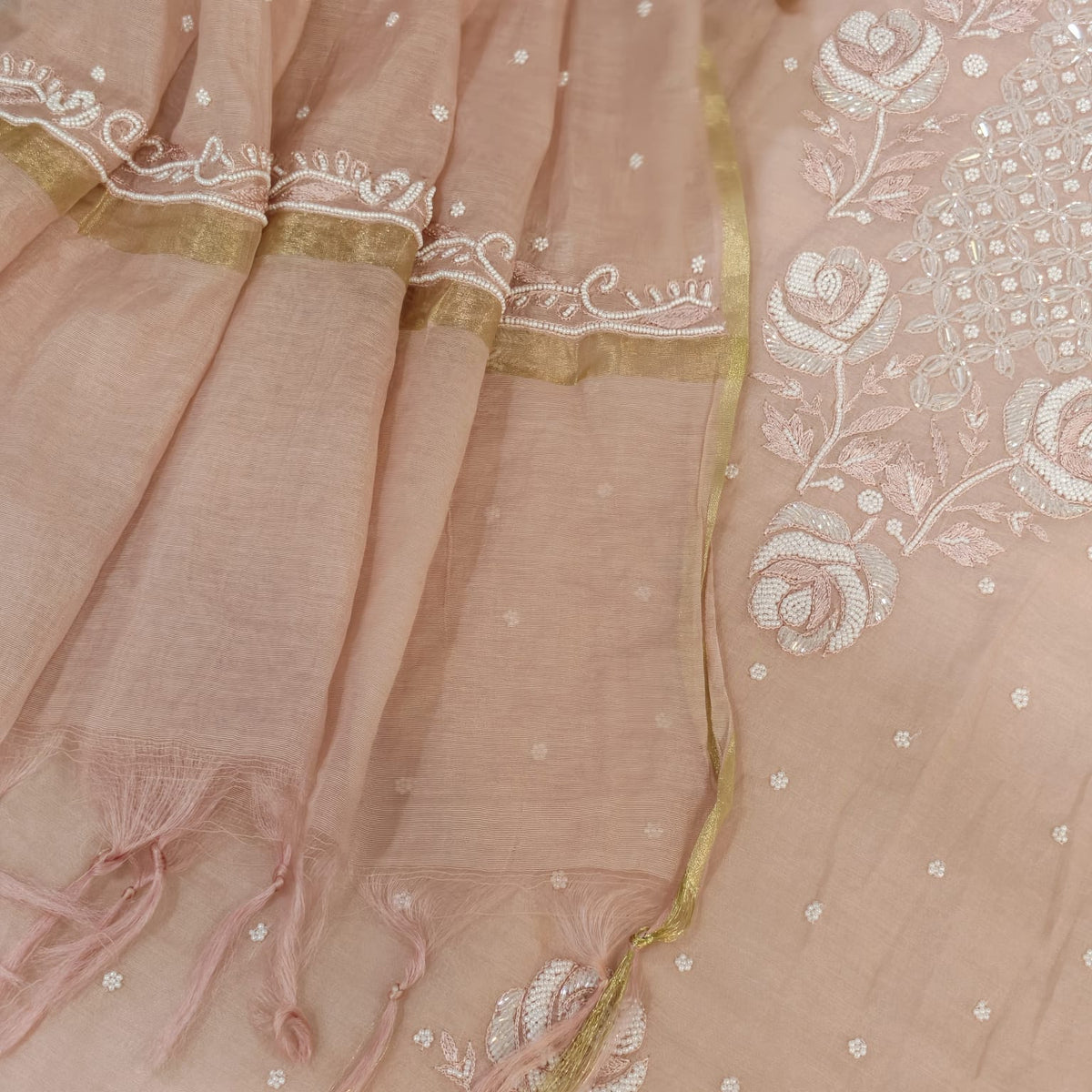 Elegant Mal Chanderi Suit with Exquisite Parsi Embroidery